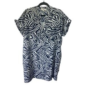 Entro‎ Zebra Print Short Sleeve Mini Dress Collared Shirt Dress Black and White